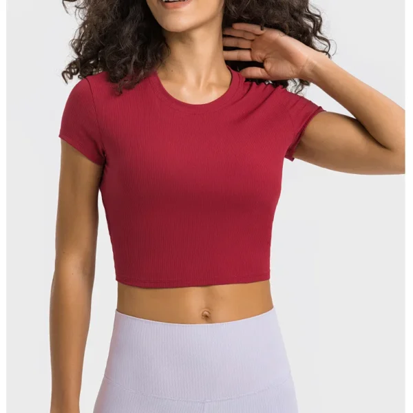 Somatic YOGA Wear Top Women Gym Shirts Yoga Striped Rib T-shirt Short Sleeve Top Sport Fitness Sportswear Stretch Breathable Women's Blouse
